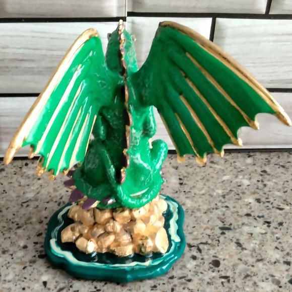 New Enameled Pewter Green Sitting Dragon Statue - Picture 3 of 9